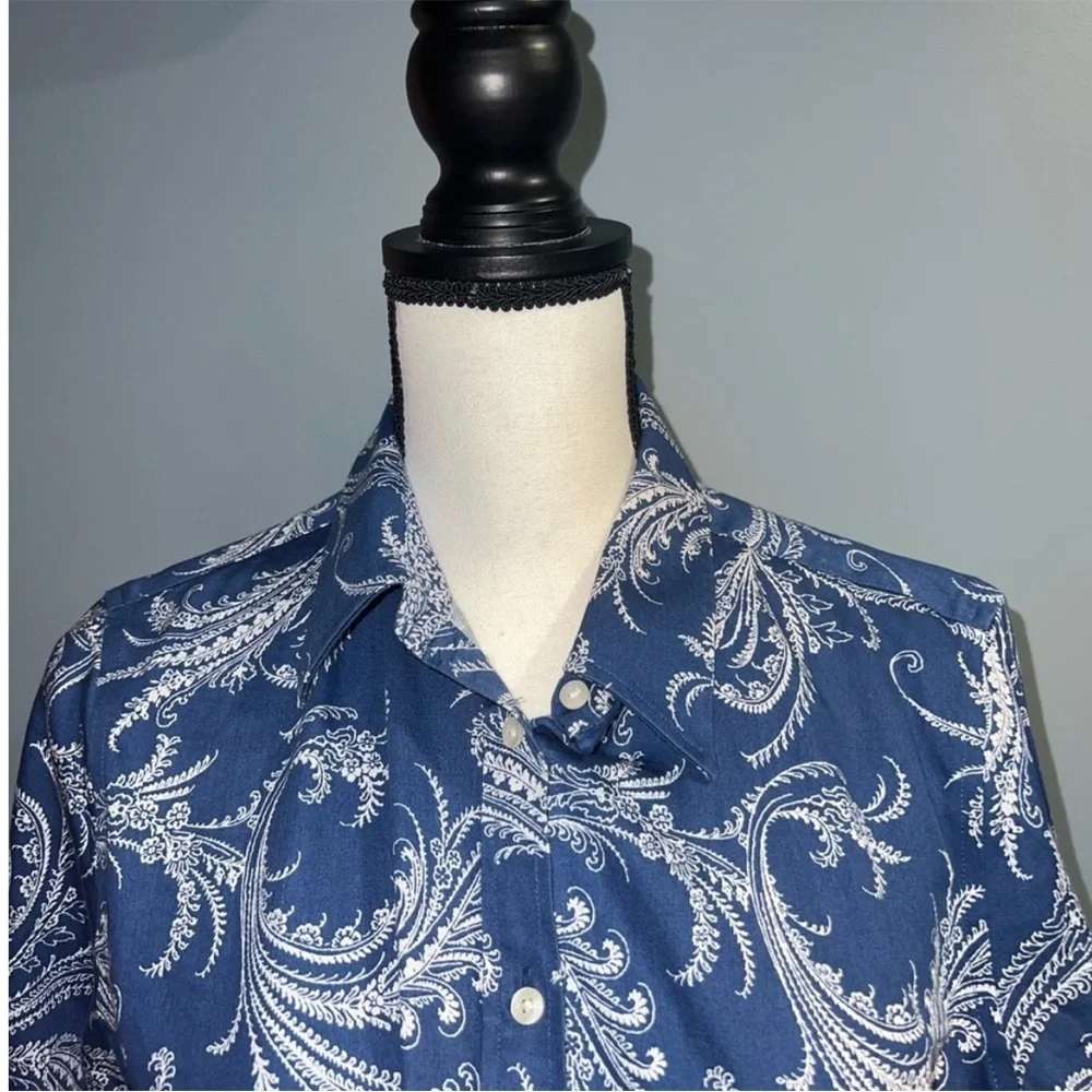 chaps- blue and white button up long sleeve top - Picture 2 of 5